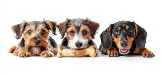 Three adorable small dogs lying down side by side on a white background with one dog resting its head on a large dog bone, all looking attentively forward with curious expressions