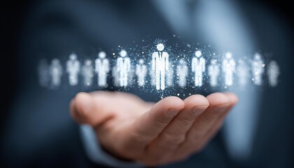 Hand holding a digital representation of diverse people icons.