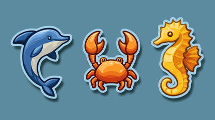 Fototapeta premium Colorful marine animal stickers featuring a dolphin, crab, and seahorse on a vibrant background