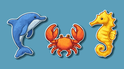 Naklejka premium Colorful marine animal stickers depicting a dolphin, crab, and seahorse against a blue background