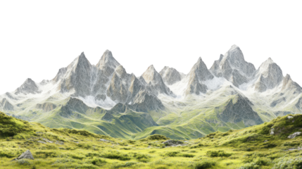 Scenic mountain landscape with snow peaks and green valleys in the Alps isolated on white background
