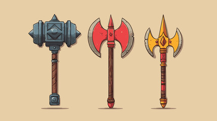 Colorful and ornate weapons display featuring a hammer and two axes on a neutral background