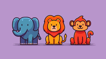 Naklejka premium Cartoon animals in vibrant colors display playful expressions on a purple background during a fun character design session