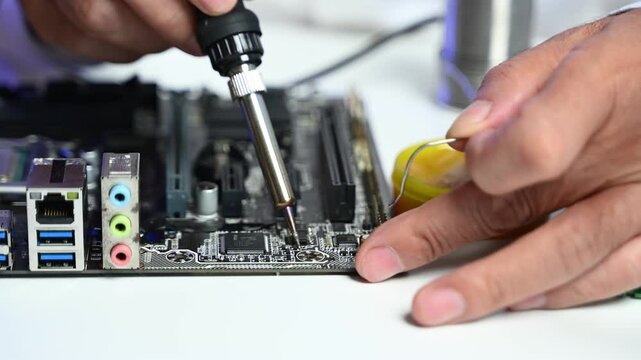 Precision closeup of soldering a circuit board. Ideal for themes on electronics repair, computer hardware, engineering