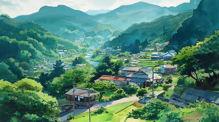 日本の山里に広がるのどかな風景と川のせせらぎ｜緑あふれる自然と古民家のある夏の田舎風景｜水彩タッチで描かれた心癒される郷愁の情景素材｜観光・移住促進向け