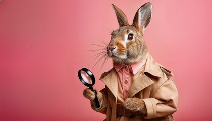 Curious Rabbit on Vibrant Pink Backdrop Stylish Trench Coat Wearing, Magnifying Glass in Paws, Exploring with an Inquisitive Glance Amidst a Pop of Color and Whimsy.