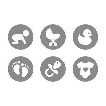 Baby and children goods and gear icon set. Babies store or shop, products vector circle icons.