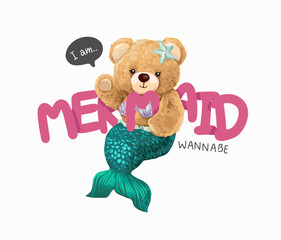 girly cute bear doll in mermaid tail vector illustration hand drawn - not auto trace	
 