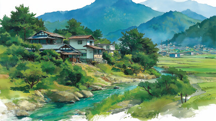 Fototapeta premium 清らかな川と山の稜線に抱かれた日本の里山の風景｜古き良き日本の暮らしと豊かな自然を描いた水彩画風イラスト｜風景素材・観光紹介・田園風景資料に活用可