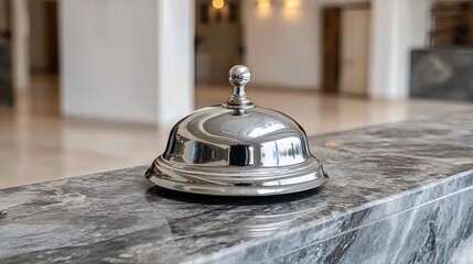 A gleaming chrome service bell rests on a polished marble counter, ready to signal the start of a hospitable stay.
