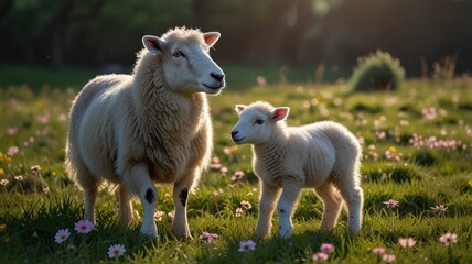 Obraz premium A ewe and her lamb grazing peacefully in a sunlit meadow filled with wildflowers during springtime
