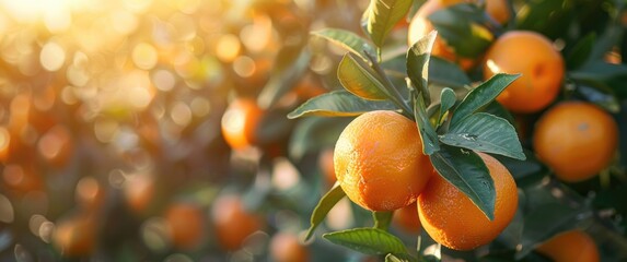 Ripe oranges on a tree branch in a sunny orchard
