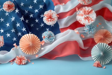 Red, white, and blue American flag with decorative paper fans and pom-poms in matching colors on a blue background creating a festive patriotic atmosphere