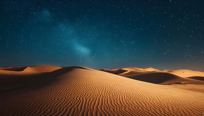 Naklejka premium Beautiful desert landscape at night with starry sky in the UAE