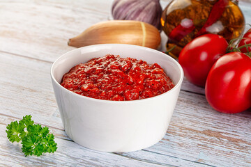 Bulgarian traditional lutenica pepper sauce