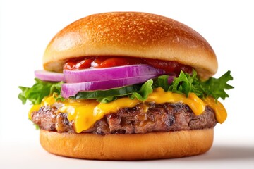 Burger with cheese and red onion slices