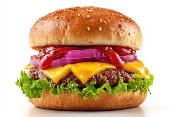 Burger with cheese, onion, lettuce, and ketchup