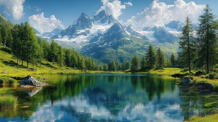 Fototapeta premium Serene mountain landscape with snow-capped peaks, lush green pine trees, and a calm lake reflecting the blue sky and clouds on a sunny day
