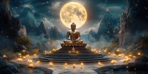 Giant golden Buddha statue seated on a lotus pedestal surrounded by lit candles on tiered stone platform in a misty mountainous landscape under a glowing full moon