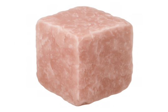Close-up of a rotating cube of pink luncheon meat, isolated on a transparent background, perfect for food-related projects