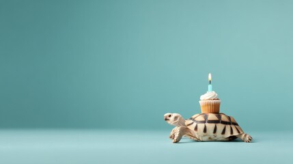 Turtle carrying cupcake with candle