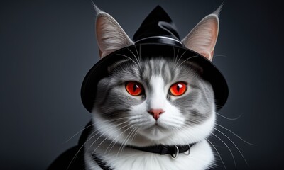 A curious grey and white cat wearing a small witch hat showcases striking red eyes against a dark background