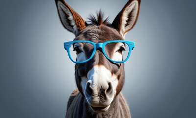A donkey wearing blue glasses gazes confidently at the camera against a soft background