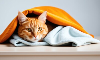 A cozy orange cat resting comfortably under a warm blanket on a light wooden table in a serene indoor setting during the afternoon