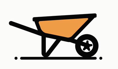 A minimalist line icon of a wheelbarrow, a simple and modern orange and black vector graphic for gardening, construction, or DIY-themed logos and websites.
