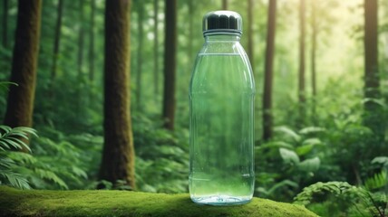 Close-Up of a Sparkling Water Bottle with Sunlight Reflection Against a Blurred Nature Backdrop. With space for text