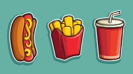 Colorful illustration of classic fast food items including a hot dog, fries, and a soft drink on a vibrant background