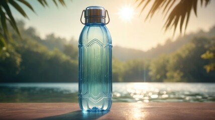 Close-Up of a Sparkling Water Bottle with Sunlight Reflection Against a Blurred Nature Backdrop. With space for text
