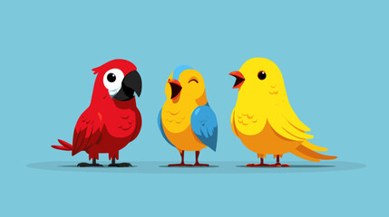 Colorful cartoon birds exchanging cheerful sounds in a bright blue background setting