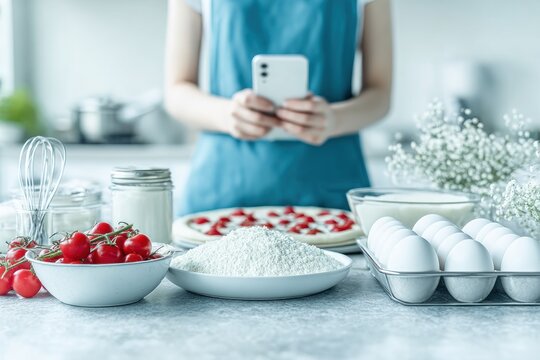 Woman taking photo of pizza dough - Powered by Adobe