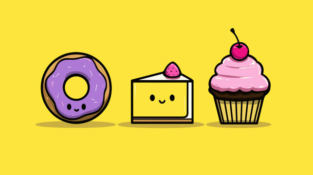 Cute cartoon desserts including a donut, cake slice, and cupcake with bright yellow background for a fun and cheerful vibe
