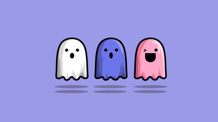 Three playful cartoon ghosts in various colors on a purple background expressing different emotions