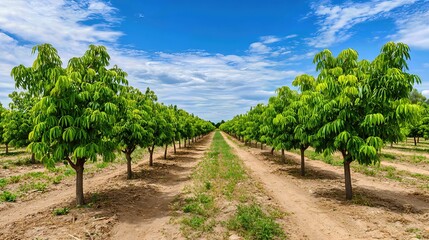Naklejka premium Rows of young pecan trees stretch under a bright blue sky, their green leaves dancing in the sunshine. 