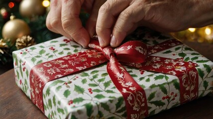 A person carefully tying a red ribbon around a beautifully wrapped gift during the festive season