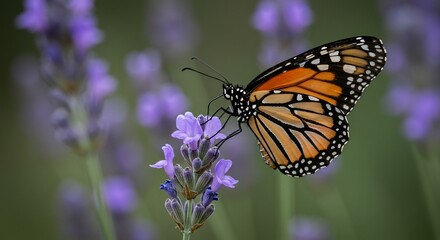 Fototapeta premium Monarch Butterfly on Lavender Flowers in a Garden Nature Scene