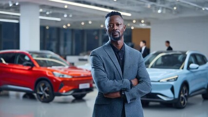 Confident Car Salesman: A distinguished car salesman stands confidently in a modern showroom, embodying professionalism and expertise with a backdrop of sleek, new vehicles.