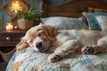 Obraz premium Calm and Cozy: A Golden Retriever Puppy Resting Next to Potted Aloe Vera