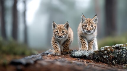 Two lynx cubs in a forest