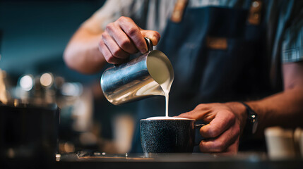 Close up of barista pouring milk into a cup of coffee to prepare a delicious latte art drink
