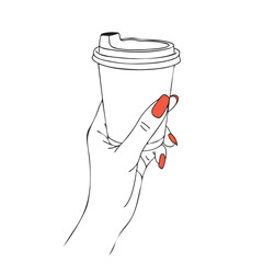  female hand with red nails holding coffee. female hand holding paper cup vector hand drawing line