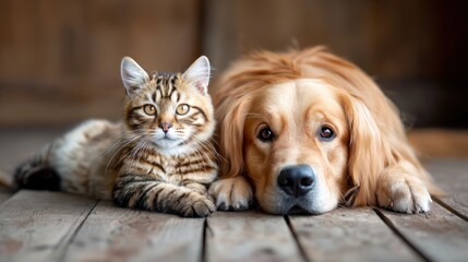 Two pets, a cat and dog, lying on a wooden floor