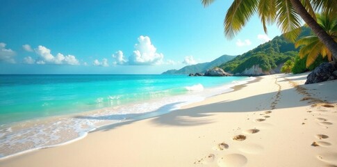 Sun-drenched sand, turquoise waves gently lapping shore, waves, bright