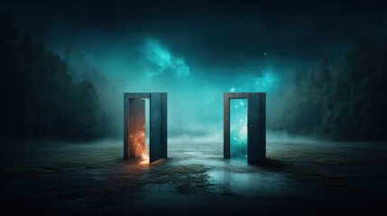 Two mystical doors, night, fog, mystery