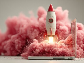 Rocket launching from laptop, pink smoke
