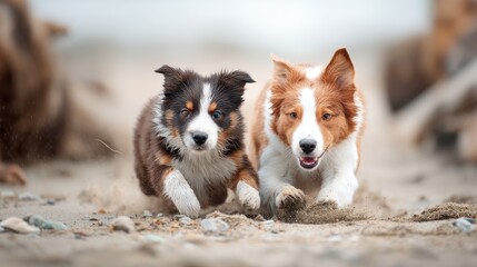 Two puppies playing on beach