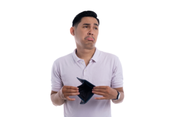 Sad young man holding empty wallet and looking disappointed while showing financial problems isolated on transparent background